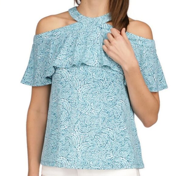 Michael Michael Kors Cold Shoulder Ruffled Halter Turquoise White Top XS - Picture 2 of 16